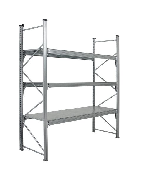 Elément de base 3 niveaux de tablettes galvanisées encastrées entre des longerons galvanisées