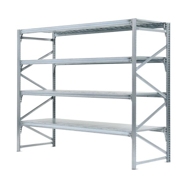 Elément de base 4 niveaux de tablettes galvanisées encastrées entre des longerons galvanisés.