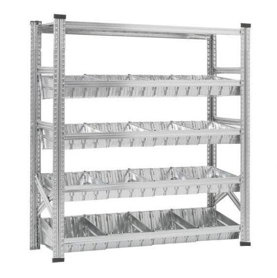 Elément de base Rayonnage à bacs modulaires dont 1 niveau supérieur à tablettes et 4 niveaux à bacs modulaires et séparateurs.