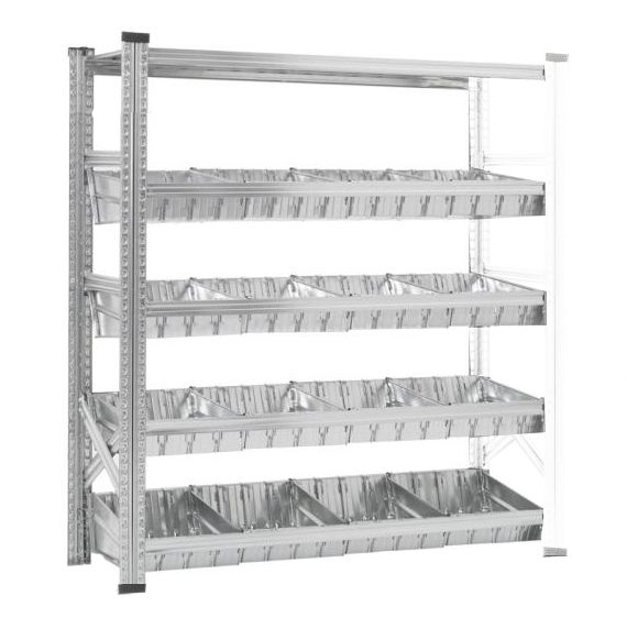 Elément suivant Rayonnage à bacs modulaires dont 1 niveau supérieur à tablettes et 4 niveaux à bacs modulaires et séparateurs.