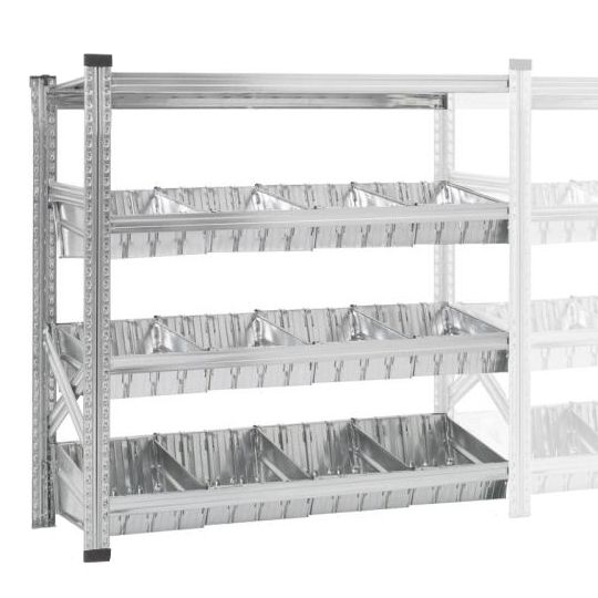 Elément suivant Rayonnage à bacs modulaires dont 1 niveau supérieur à tablettes et 3 niveaux à bacs modulaires et séparateurs.