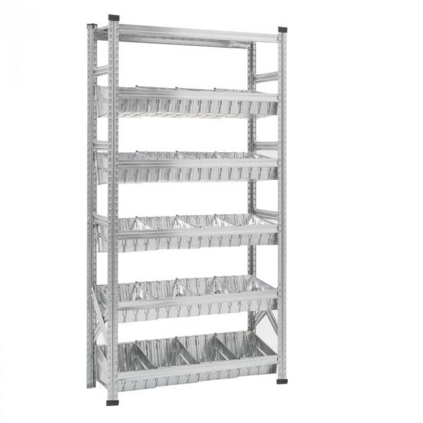 Elément de base Rayonnage à bacs modulaires dont 1 niveau supérieur à tablettes et 5 niveaux à bacs modulaires et séparateurs