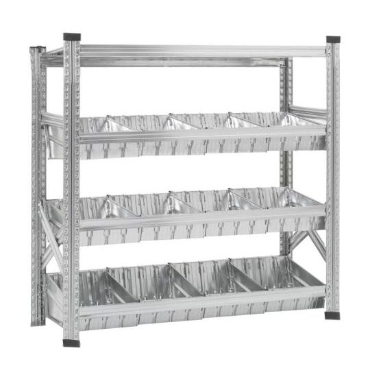 Elément de base Rayonnage à bacs modulaires dont 1 niveau supérieur à tablettes et 3 niveaux à bacs modulaires et séparateurs  