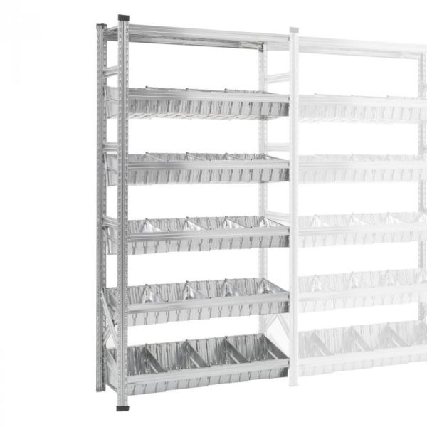 Elément suivant Rayonnage à bacs modulaires dont 1 niveau supérieur à tablettes et 5 niveaux à bacs modulaires et séparateurs