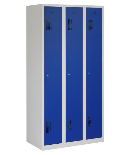 Casier type T, 3x1 porte, corps gris, portes bleues