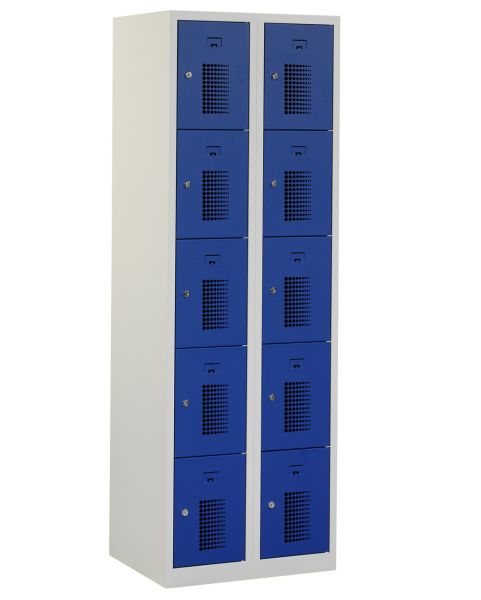 Casier type T, 2x5 portes, corps gris, portes bleues