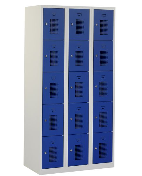 Casier type T, 3x5 portes, corps gris, portes bleues