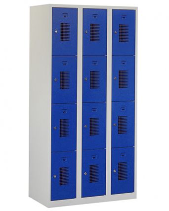 Casier type T, 3x4 portes, corps gris, portes bleues
