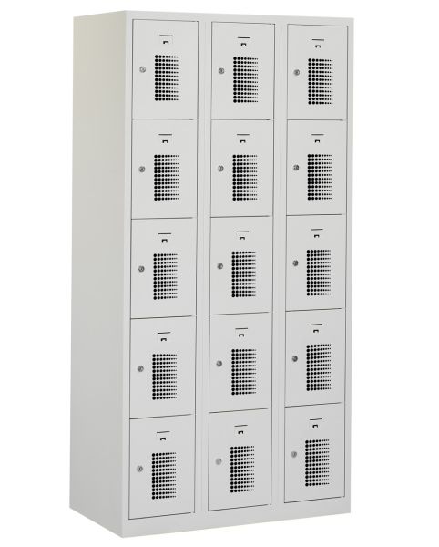 Casier type T, 3x5 portes, corps gris, portes grises