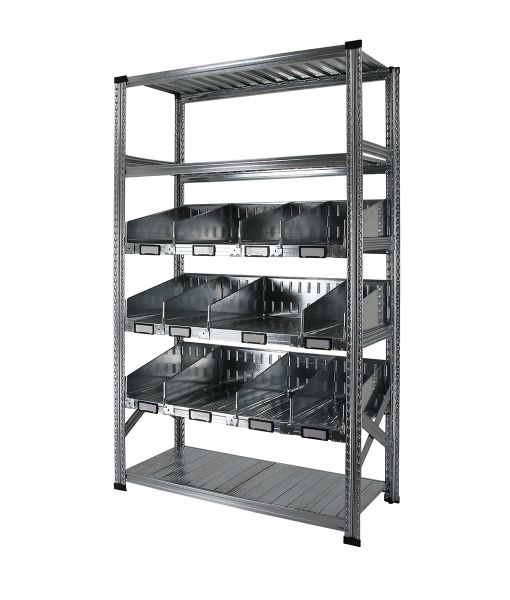 Elément de base Rayonnage à séparateurs avec 6 niveaux de tablettes, dont 3 niveaux de séparateurs trapézoïdaux avec rebord