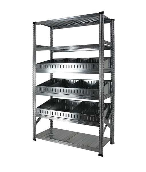 Elément de base Rayonnage à séparateurs avec 6 niveaux de tablettes, dont 3 niveaux de séparateurs trapézoïdaux