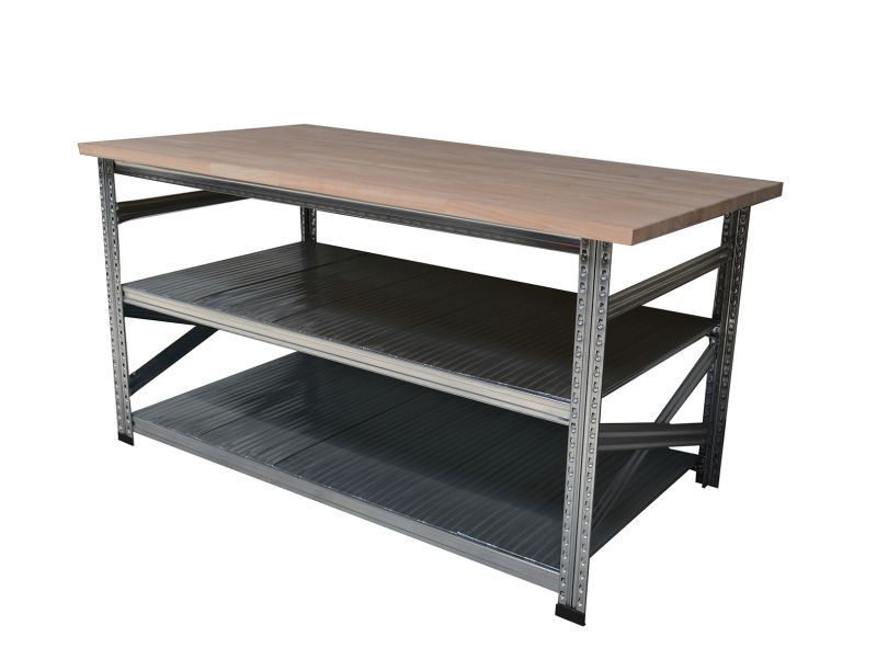 Table de travail type123 H925xP700xL2600 avec plan de travail en ecolwood 30 mm plus 2 niv. de tablettes