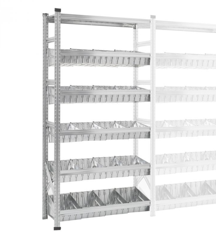Rayonnage à bacs modulaires dont 1 niveau supérieur à tablettes et 5 niveaux à bacs modulaires et séparateurs