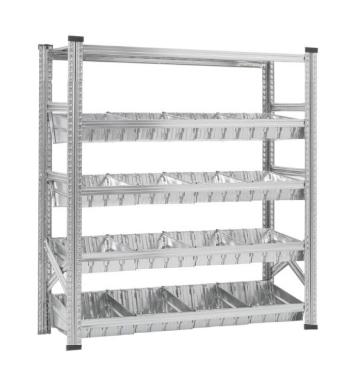 Rayonnage à bacs modulaires dont 1 niveau supérieur à tablettes et 4 niveaux à bacs modulaires et séparateurs.