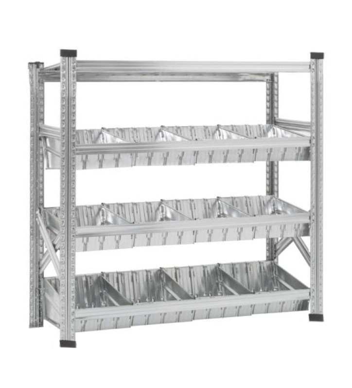 Rayonnage à bacs modulaires dont 1 niveau supérieur à tablettes et 3 niveaux à bacs modulaires et séparateurs  