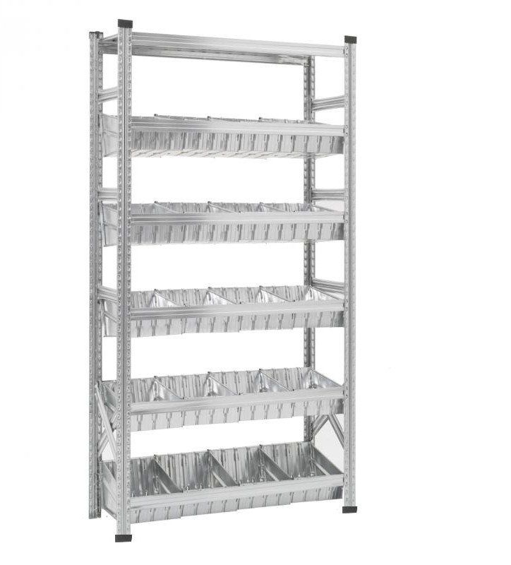 Rayonnage à bacs modulaires dont 1 niveau supérieur à tablettes et 5 niveaux à bacs modulaires et séparateurs