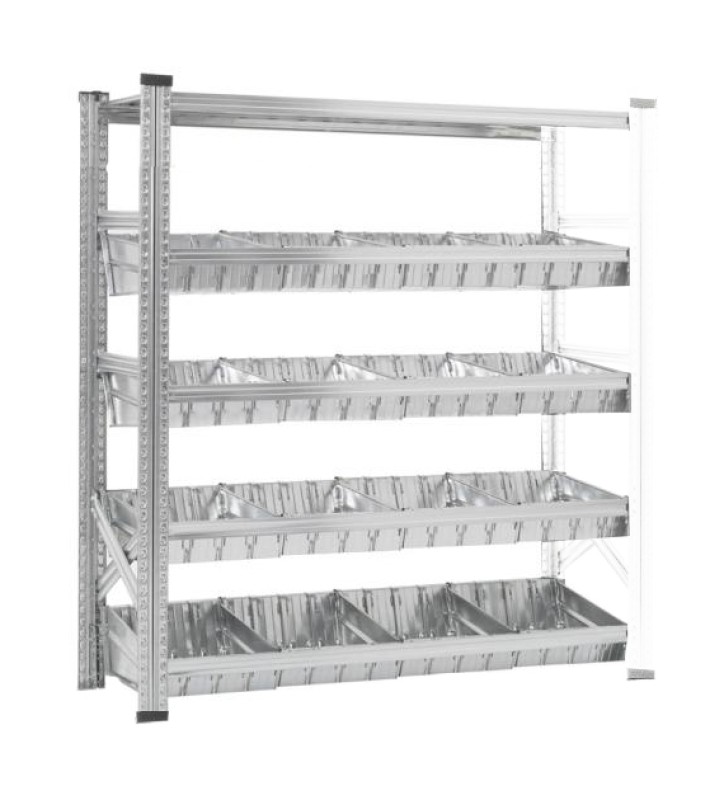 Rayonnage à bacs modulaires dont 1 niveau supérieur à tablettes et 4 niveaux à bacs modulaires et séparateurs.