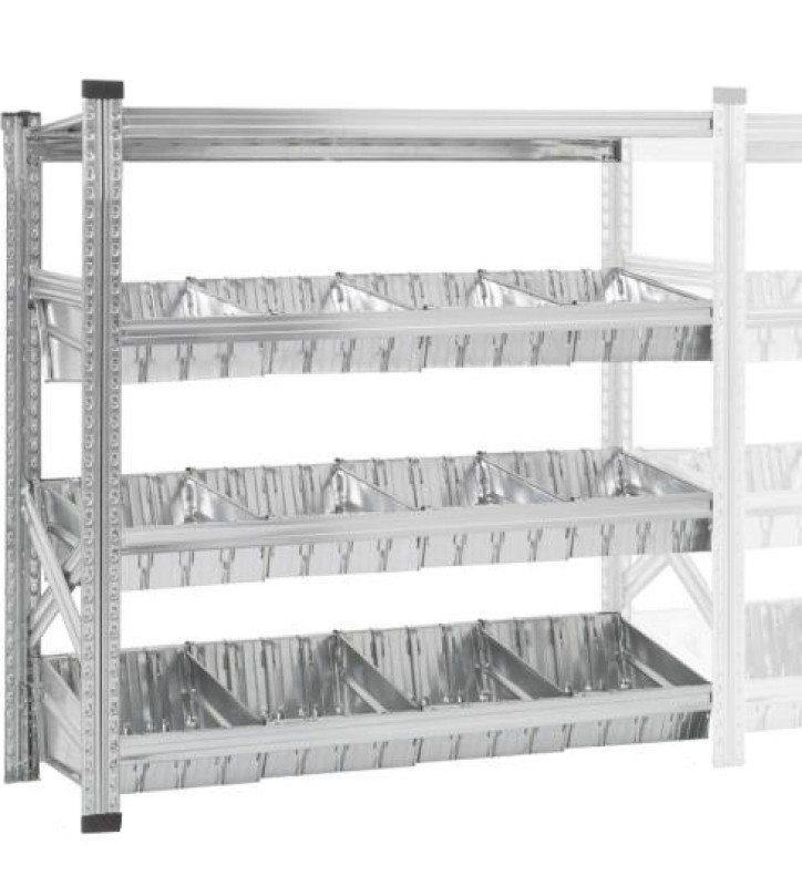 Rayonnage à bacs modulaires dont 1 niveau supérieur à tablettes et 3 niveaux à bacs modulaires et séparateurs  