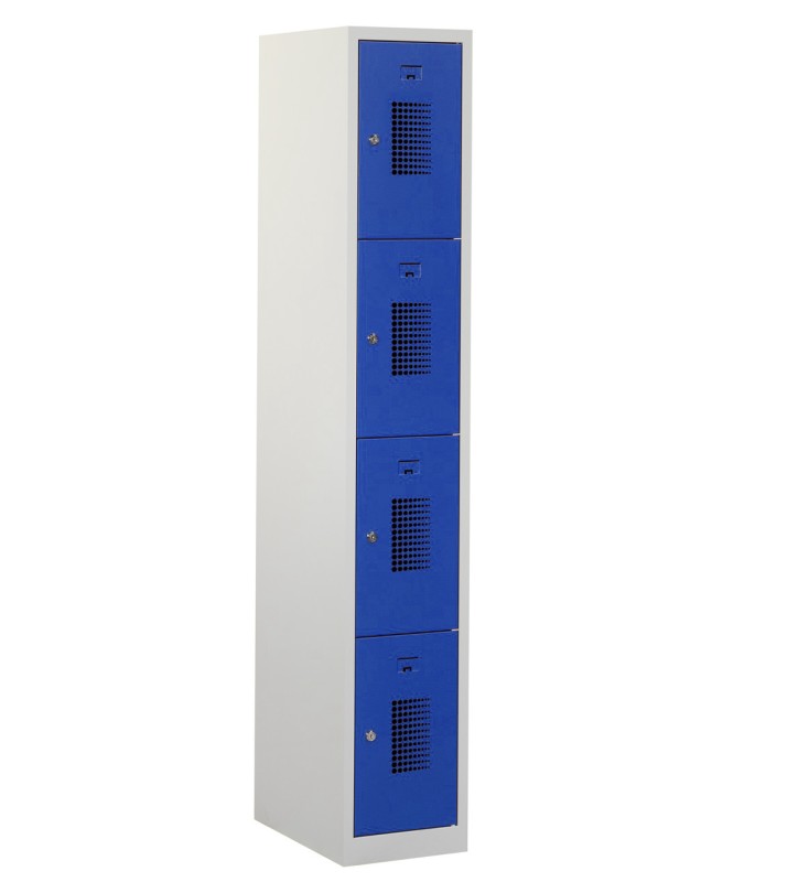 Casier type T, 4 portes, corps gris, portes bleues