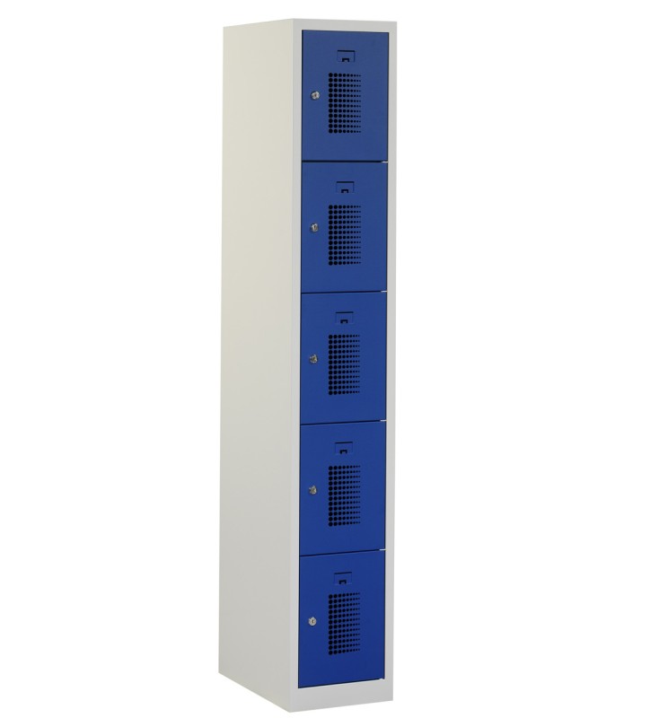 Casier type T, 5 portes, corps gris, portes bleues