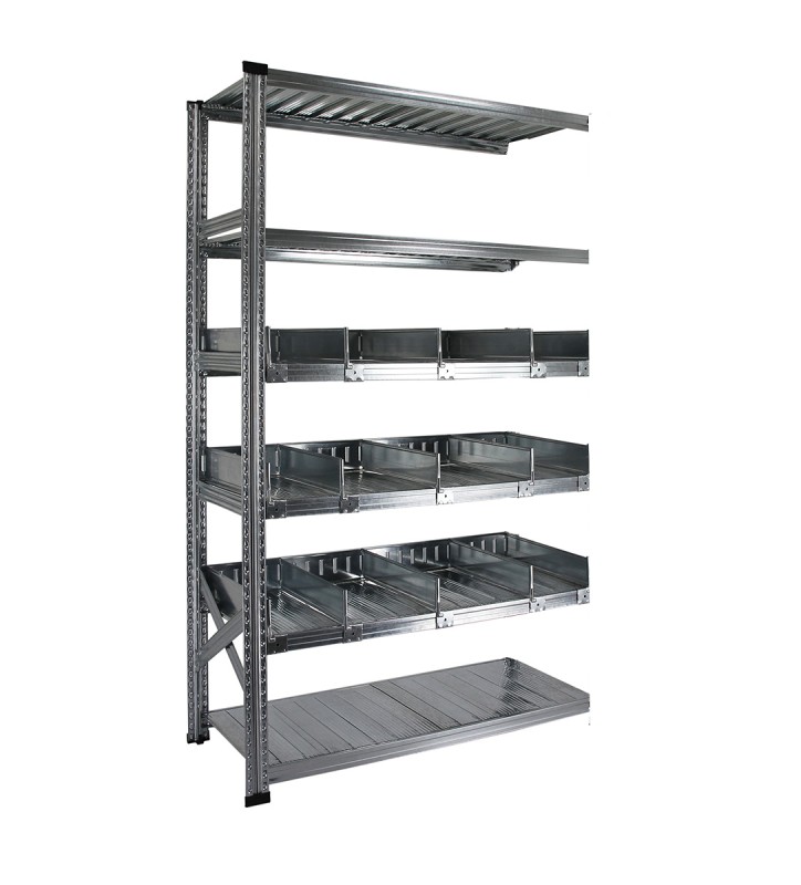 Rayonnage à séparateurs avec 6 niveaux de tablettes, dont 3 niveaux de séparateurs avec rebord arrière