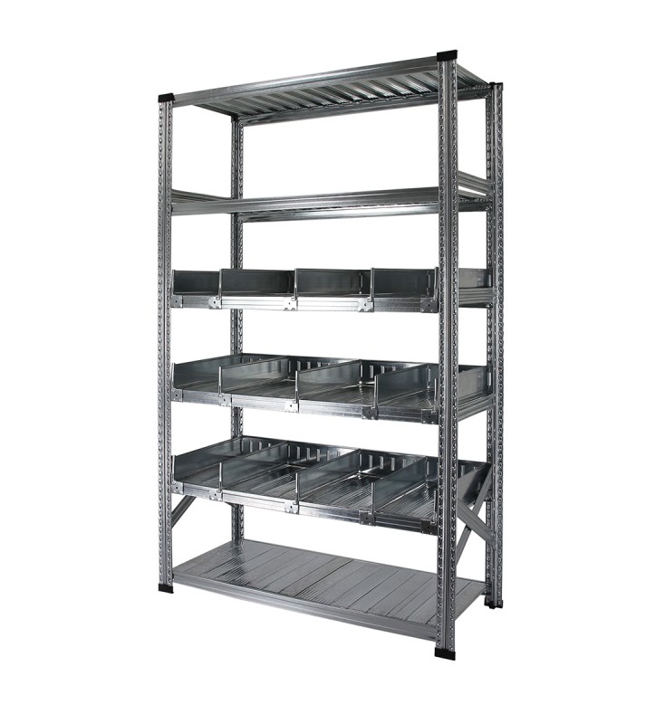 Rayonnage à séparateurs avec 6 niveaux de tablettes, dont 3 niveaux de séparateurs avec rebord arrière