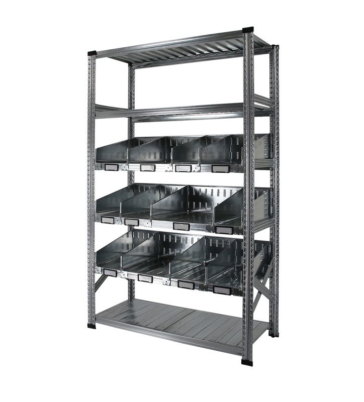 Rayonnage à séparateurs avec 6 niveaux de tablettes, dont 3 niveaux de séparateurs trapézoïdaux avec rebord