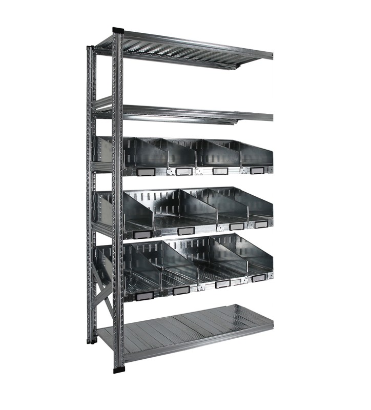 Rayonnage à séparateurs avec 6 niveaux de tablettes, dont 3 niveaux de séparateurs trapézoïdaux avec rebord
