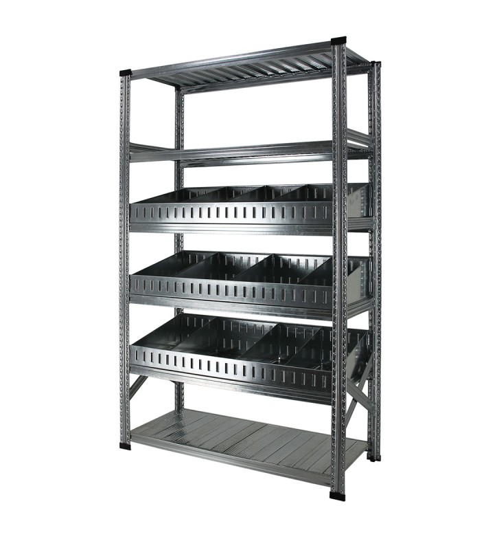 Rayonnage à séparateurs avec 6 niveaux de tablettes, dont 3 niveaux de séparateurs trapézoïdaux