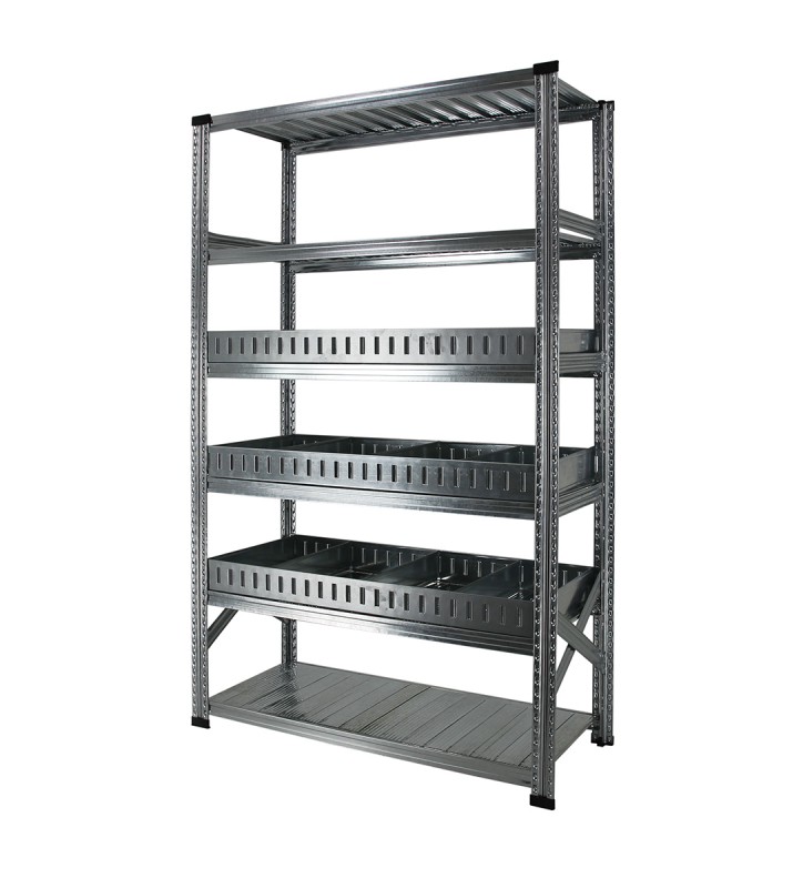Rayonnage à séparateurs avec 6 niveaux de tablettes, dont 3 niveaux de séparateurs avec rebord