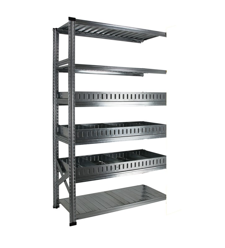 Rayonnage à séparateurs avec 6 niveaux de tablettes, dont 3 niveaux de séparateurs avec rebord