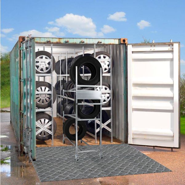 Bandenrekken voor 40FT container 2x(11x1050 mm).  Incl. 6 bandenwagens voor de middengang.