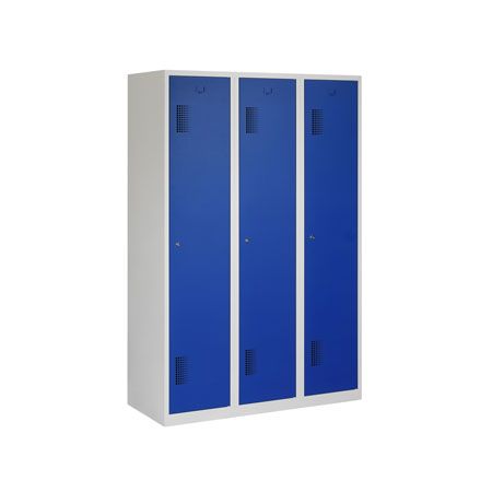 Locker met schoon/vuil-verdeling, 3x1 deurs, grijze omkasting, blauwe deuren