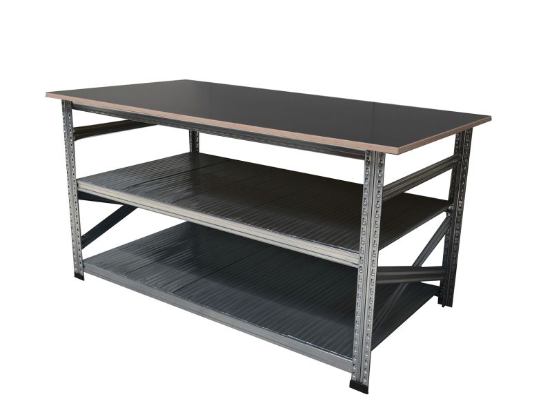 Werktafel type123 H907xD900xL2050 met betonplex werkblad H21 mm plus 2 legborden