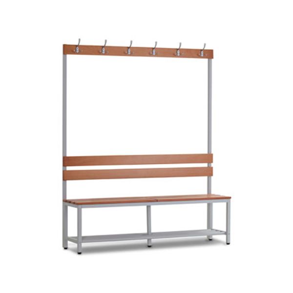Zitbank enkelzijdig met rugleuning en kledinghaken. 1800x450x1500 mm (HxDxL).