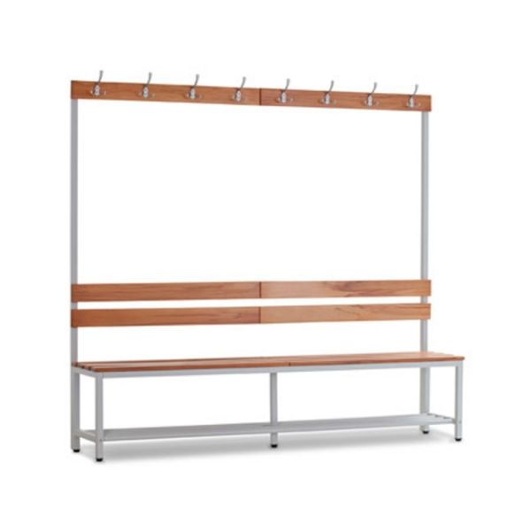Zitbank enkelzijdig met rugleuning en kledinghaken. 1800x450x2000 mm (HxDxL).