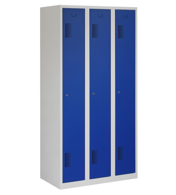 Locker type T, 3x1-deurs, grijze omkasting, blauwe deuren