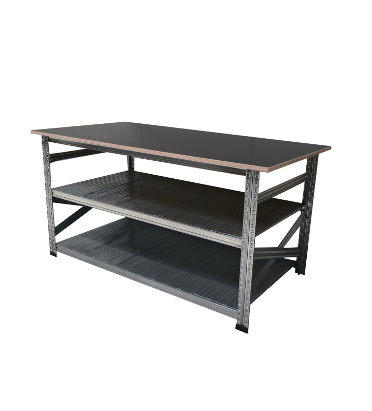 Werktafel type123 H907xD700xL2050 met betonplex werkblad 21 mm plus 2 legborden