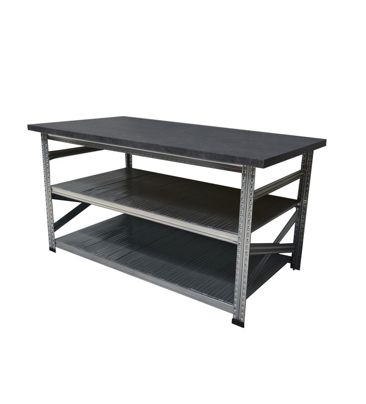 Werktafel type123 H926xD700xL2600 met anthraciet grijs werkblad H40 mm plus 2 legborden